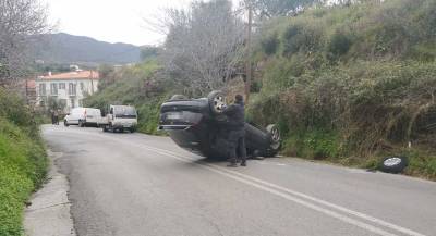 Ανατροπή αυτοκινήτου στα πρώτα μέτρα της ΕΟ Καλαμάτας - Σπάρτης