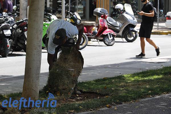 Αλλάζουν το κιτρινισμένο γκαζόν στην κεντρική πλατεία Καλαμάτας (φωτογραφίες)