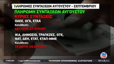 Πότε θα πληρωθούν οι συντάξεις Αυγούστου &amp; Σεπτεμβρίου