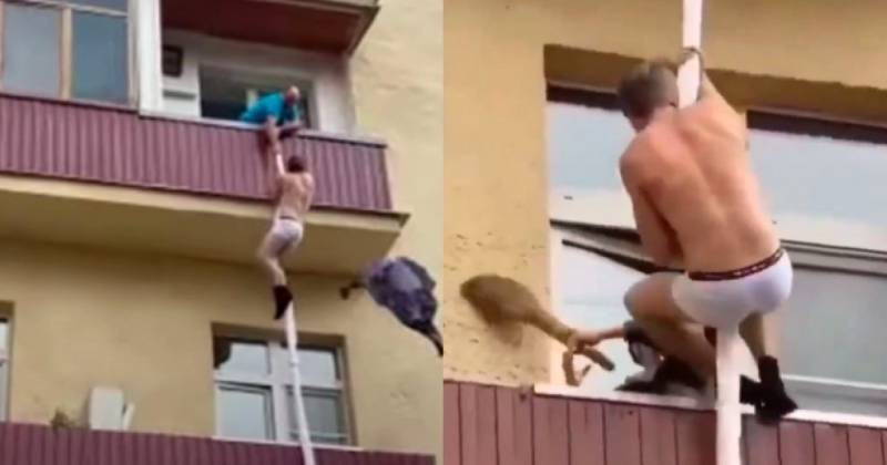 Εραστής προσπαθεί να γλιτώσει από τον απατημένο σύζυγο κατεβαίνοντας από το μπαλκόνι και η γειτόνισσα τον χτυπάει με τη σκούπα (βίντεο)