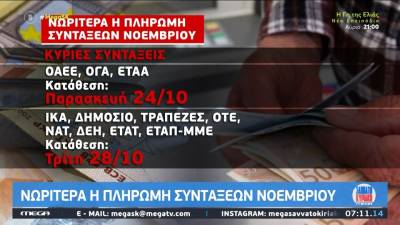 Νωρίτερα οι πληρωμές των συντάξεων Νοεμβρίου