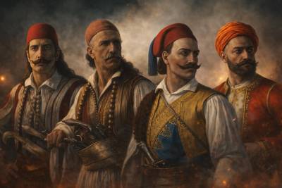 Ο φρούραρχος της Ιεράς Πόλεως Αθανάσιος Ραζικότσικας (ετών 30), και οι επικεφαλής των τριών φαλαγγών κατά την Έξοδο Δημήτριος Μακρής (ετών 54), Κίτσος Τζαβέλλας (ετών 26) και Νότης Μπότσαρης (ετών 70).