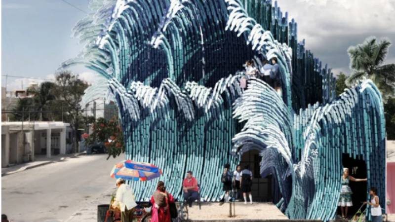 Πλαστικά μπουκάλια για την πρόσοψη καλλιτεχνικού σχολείου στο Μεξικό