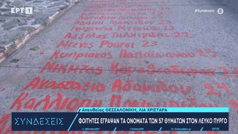 Θεσσαλονίκη: Φοιτητές έγραψαν τα ονόματα των 57 θυμάτων στον Λευκό Πύργο (Βίντεο)