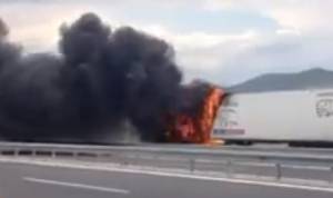 Νταλίκα κάηκε στον αυτοκινητόδρομο στην Τσακώνα (βίντεο)