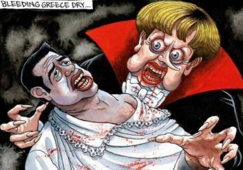 Η Μέρκελ «πίνει» το αίμα του Τσίπρα – Το σκίτσο που έγινε viral